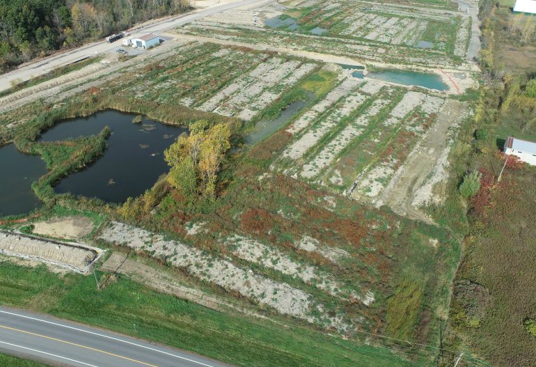 Overhead drone footage of biopiles on a large scale remedial site