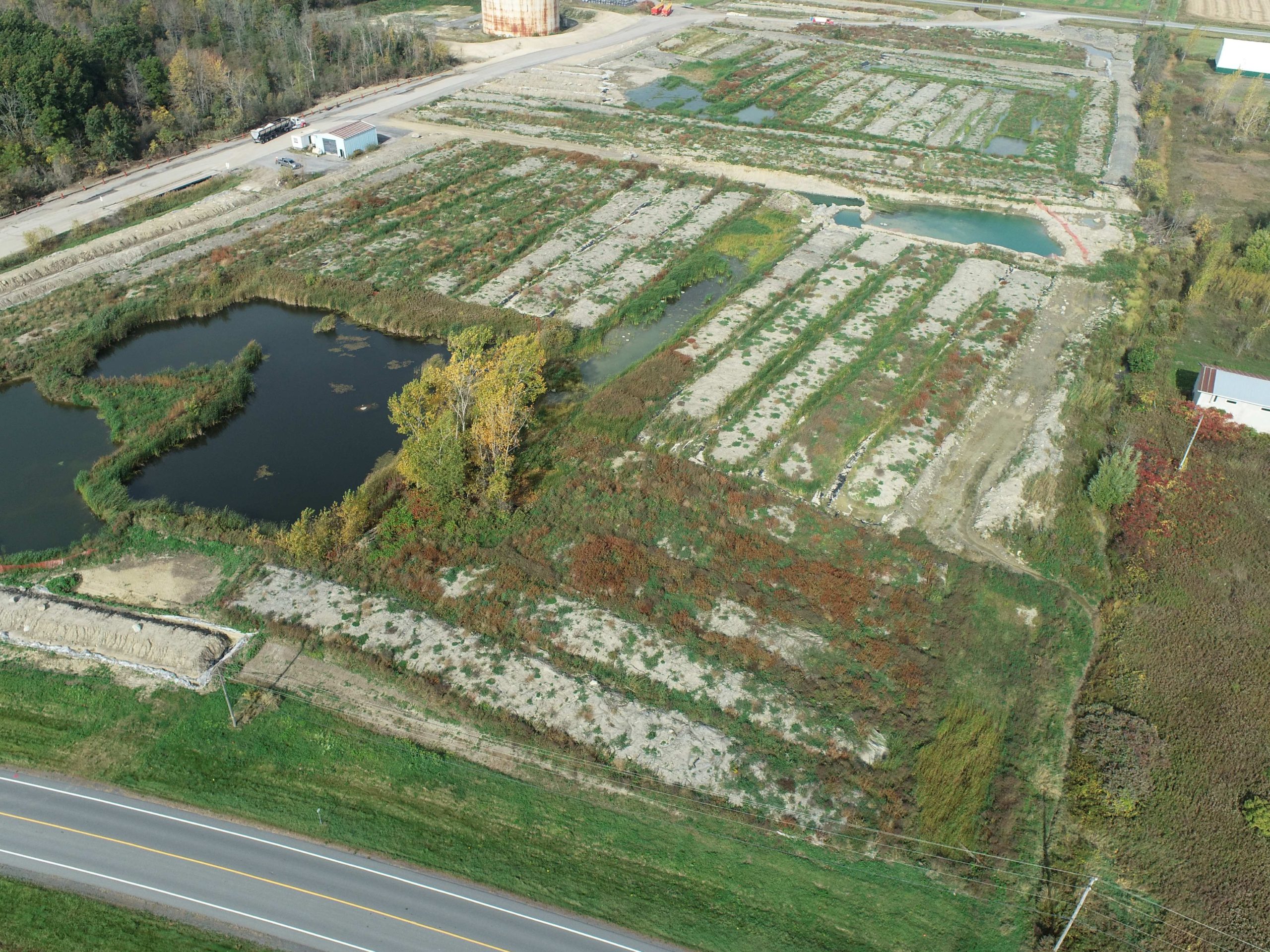 Overhead drone footage of biopiles on a large scale remedial site